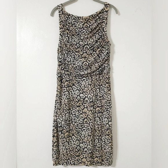ANN TAYLOR Sleeveless Square Neck Leopard Fitted Knee Length Dress, Ruched Sides - Picture 10 of 15
